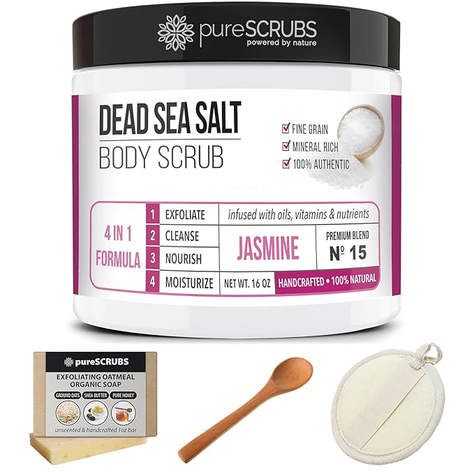 pureSCRUBS Premium Jasmine Body Scrub Set - Large 16oz Dead Sea Salt Body Scrub With Infused Essential Oils & Nutrients Includes Wooden Spoon, Loofah & Oatmeal Exfoliating Bar Soap-Velvo Beauty