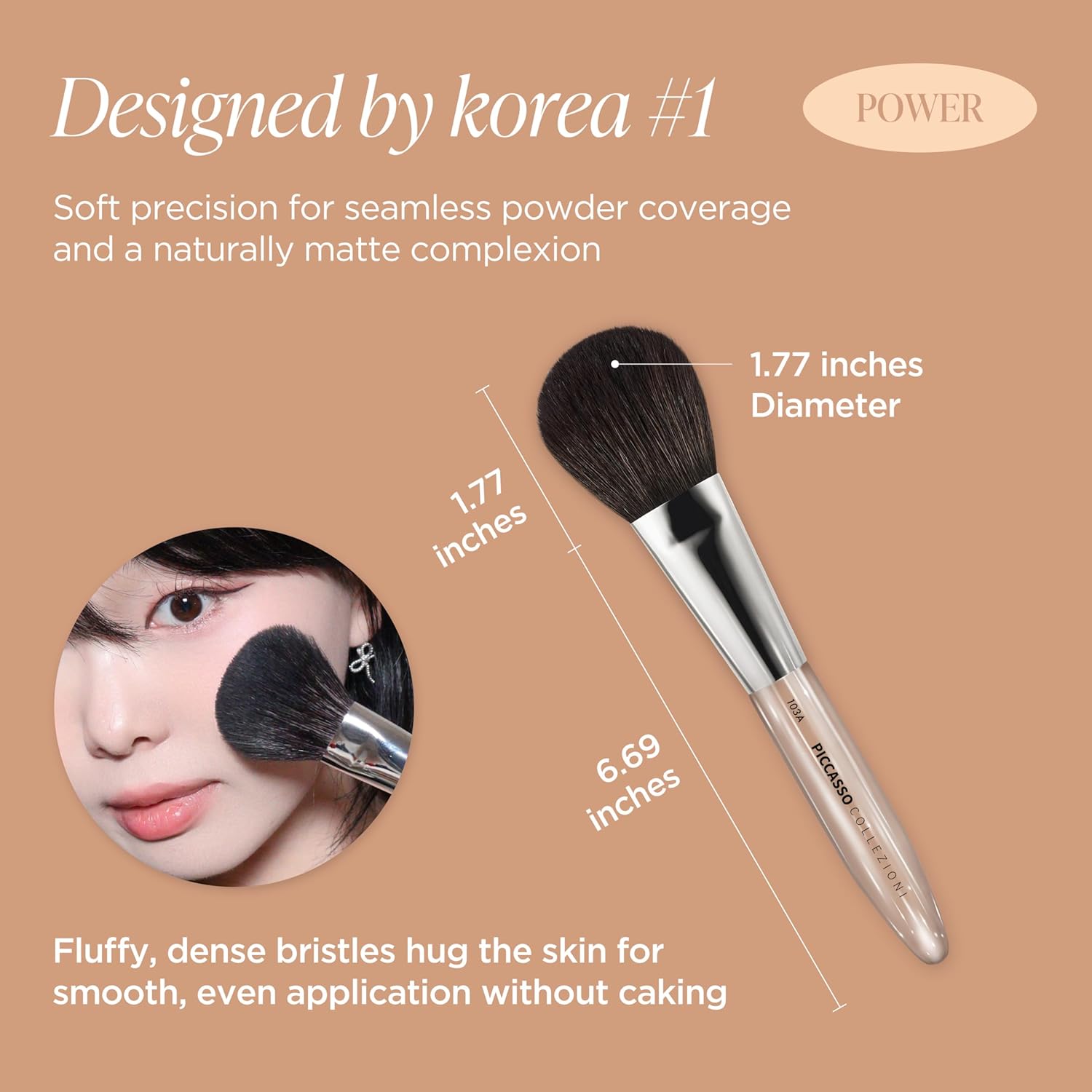Piccasso COLLEZIONI 103A Powder Brush – Soft Makeup Brush for Face, Fluffy Blush and Setting Tool with Goat Hair Blend, Ideal for Powder Application, Shading, and Natural Finish, Professional Korean-Velvo Beauty