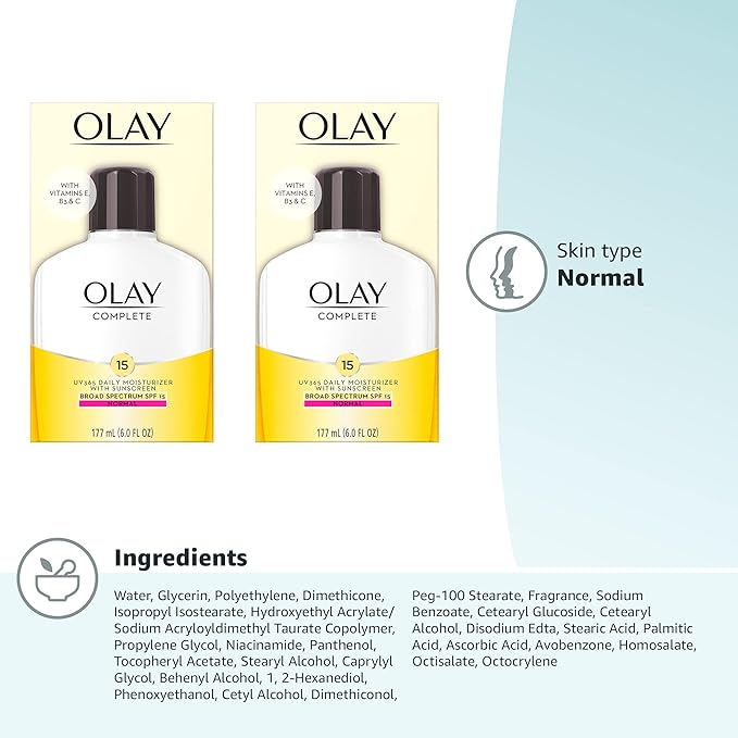Olay Face Moisturizer, Complete with Sunscreen SPF 15, Daily Facial Lotion for Normal Skin, Lightweight Hydrating Broad Spectrum Sun Protection - Vitamin C, E, and Niacinamide - 6 Oz 2 Pack-Velvo Beauty