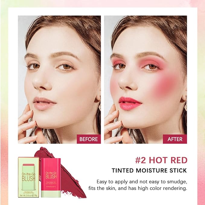 Multi-Purpose Makeup Blush Stick, 3-in-1 Beauty Tinted Solid Blush Stick For Cheeks, Lips And Eyes Waterproof Natural Cream Blush Stick With Long-Lasting Moisturizing Formula (#2Hot Red)-Velvo Beauty