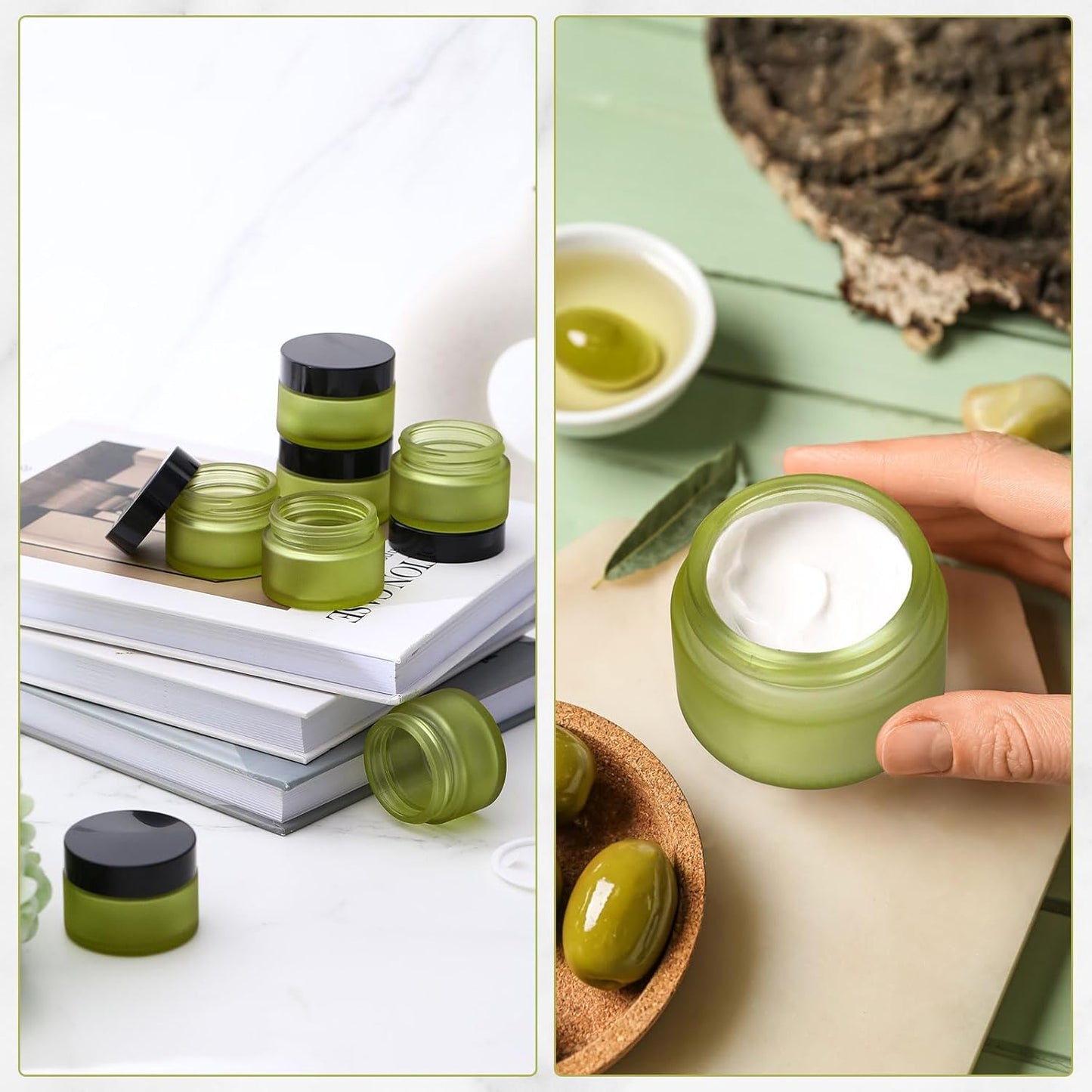 Domensi 100 Pcs 1 oz Glass Jars with Lids Bulk Round Glass Cosmetic Jars Lids 1 oz Small Travel Containers with Inner Liner for Lotions Powders Ointments Sample Cream(Bean Green,Black)-Velvo Beauty