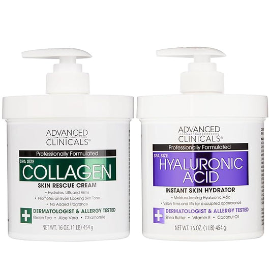 Advanced Clinicals Hyaluronic Acid Moisturizer + Fragrance Free Collagen Cream Face Moisturizer & Body Lotion 2pc Skincare Set For Women & Men Helps Reduce Appearance Of Crepey Skin & Dry Skin, 2pc-Velvo Beauty