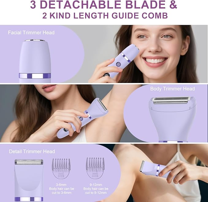 3-in-1 Electric Razor IPX7 Waterproof Bikini Trimmer Wet & Dry Use Painless Personal Trimmer Groomer for Ladies Face Body Legs Bikini Public Hairs Electric Lady Shaver with Replaceable Heads-Velvo Beauty