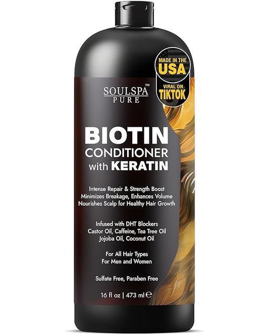 Biotin Conditioner with Keratin - Intense Repair & Strength Boost Formula - Nourishes Scalp for Healthy Hair Growth, with Tea Tree Oil & DHT Blockers, for Men & Women, 16 fl oz - SOULSPA PURE-Velvo Beauty
