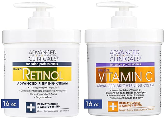 Advanced Clinicals Retinol Body Lotion + Brightening Vitamin C Cream 2pc Skin Care Set | Skin Tightening Body Moisturizer & Face Lotion | Crepey Skin Care Treatment | Skin Care Products, 2pc Set-Velvo Beauty