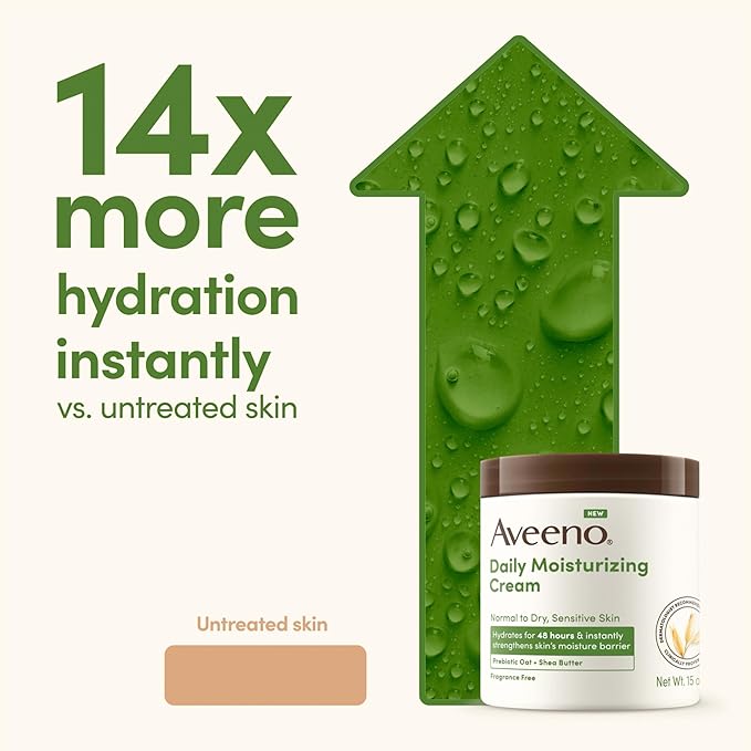 Aveeno Daily Moisturizing Cream with Prebiotic Oat & Shea Butter for Body, Face & Hands Moisturizer Cream, Hydrates Normal to Dry, Sensitive Skin, Fragrance Free, Non-Comedogenic, 20 oz-Velvo Beauty