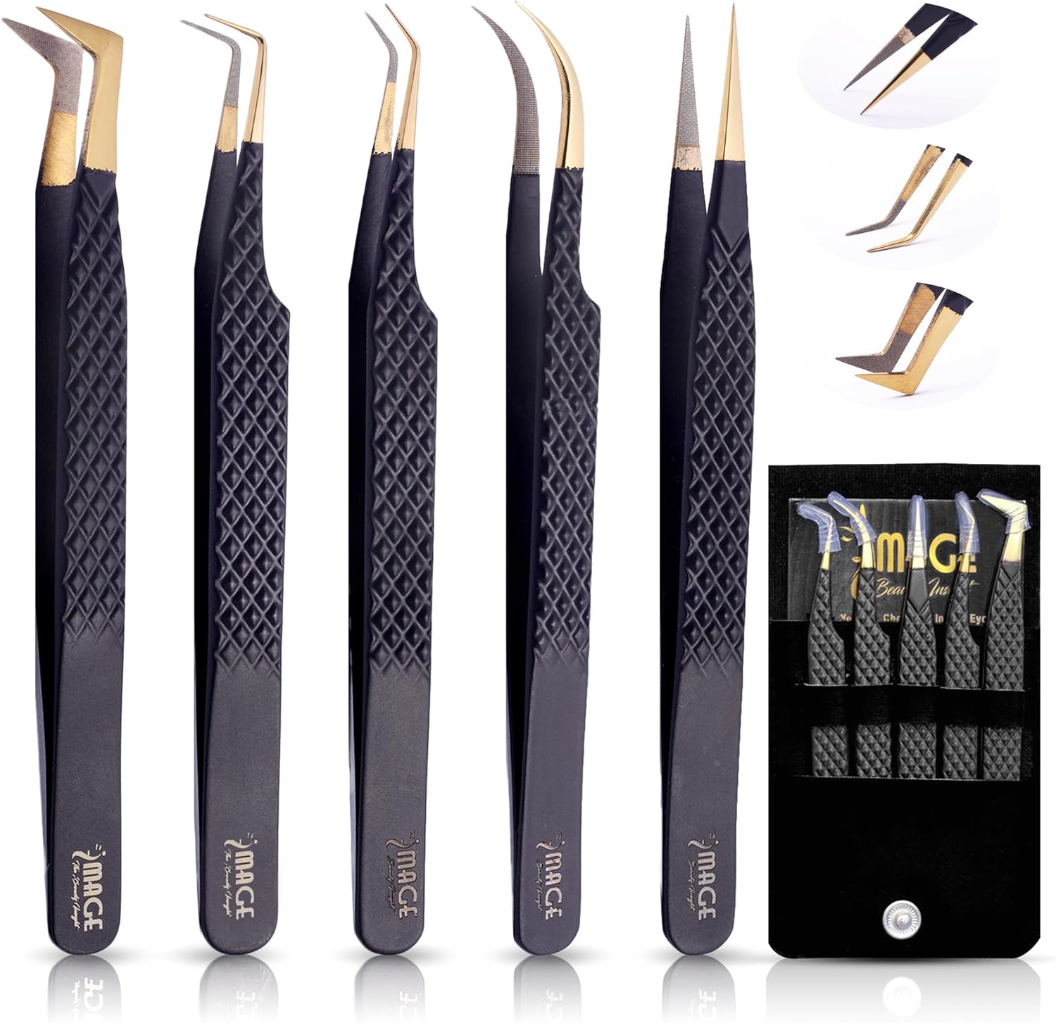 5 Pcs Fiber-Tip Japanese Steel Lash Tweezer Set with Leather Case, Professional Eyelash Tweezers for Lash Extensions – Titanium Coated, 90 & 45 Angled, Precision Pointed Tweezers (MATT BLACK)-Velvo Beauty