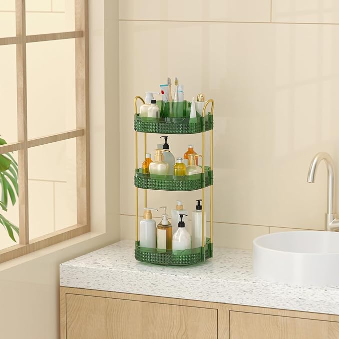 Rotating Makeup Organizer for Vanity 3 Tier, Perfume Organizer with Makeup Brush Holder, Large Capacity Cosmetics Clear Skincare Organizer for Countertop (Green)-Velvo Beauty