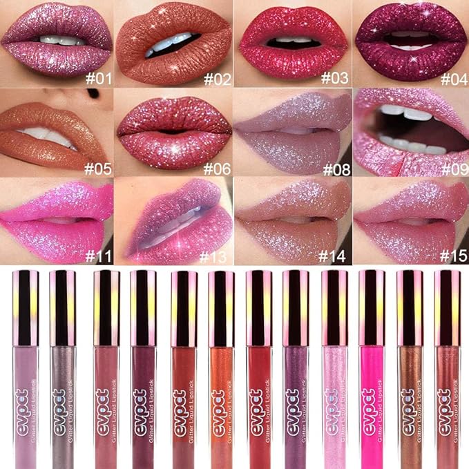 evpct 1Pcs Nude Gold Glitter Metallic Shimmer Diamond Lipstick Lip Gloss Stain Set for Women Long Lasting Waterproof, Nude Brown Sparkle Glitter Matte long Wear Liquid Lipstick Lip Makeup Kit, 14#-Velvo Beauty