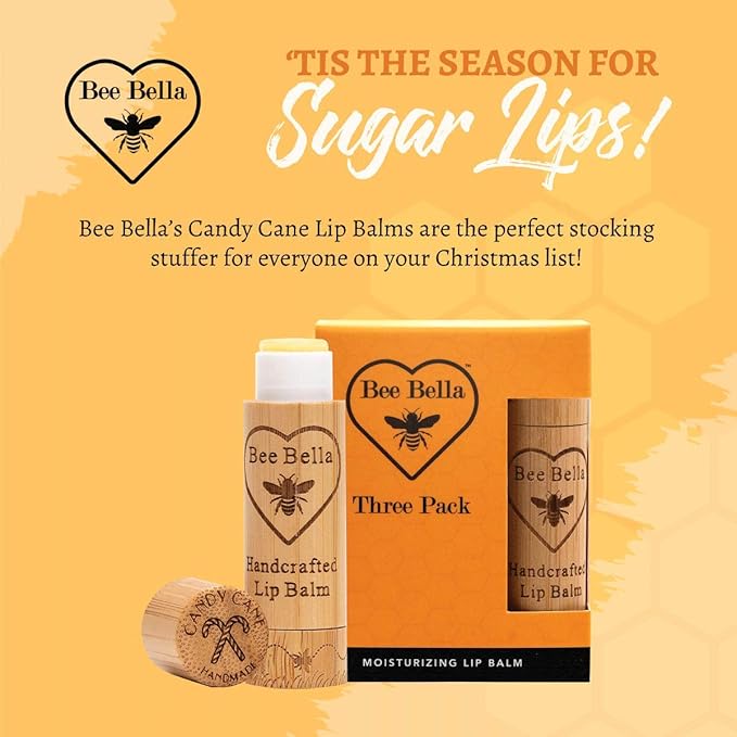 Bee Bella Lip Balm, Candy Cane, 3 Pack - Hydrating, Moisturizing Lip Care, 100% Natural, Original Organic Beeswax with Vitamin E, Handmade in USA-Velvo Beauty