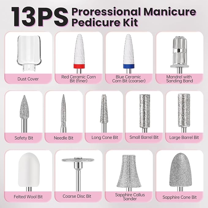 Electric Nail Drill, Cordless 2000 mAh Rechargeable Portable Nail File 12 in 1 Kit for Thick Toenails, 10 Speeds Nail Dril Machine Professional Manicure Pedicure for Hand Natural Nails Care (White)-Velvo Beauty