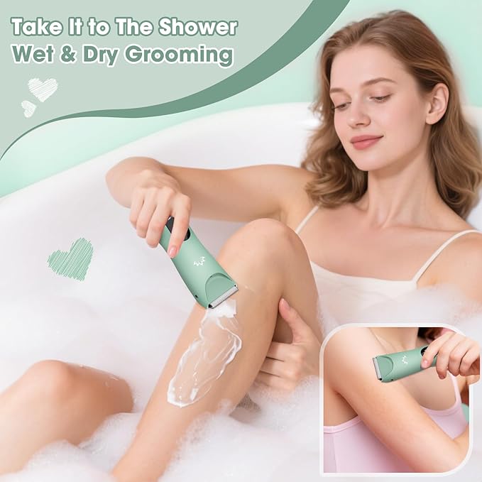 Bikini Trimmer for Women, Painless Pubic Hair Trimmer for Armpit Leg Arm Body Private Area,Rechargeable Womens Electric Razors Shaver LED Light Ceramic Blade IPX7 Waterproof Wet/Dry LCD Display,Green-Velvo Beauty