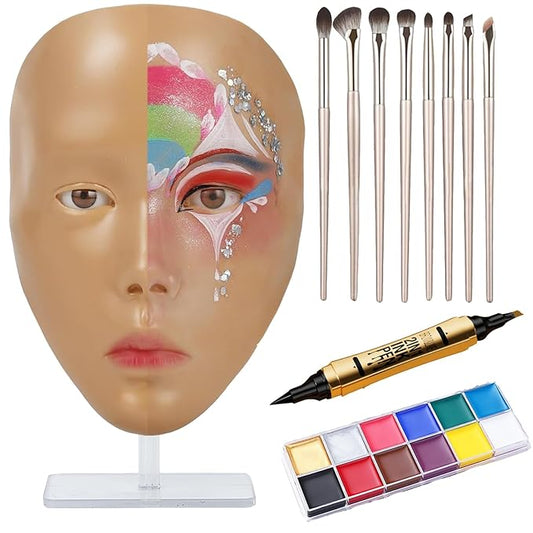 Make Up Practice Face, Face Painting Mannequin Head with Stand, 5D Reusable Silicone Face Practice Board, Mannequin Head for Makeup with Makeup Kit, Practice Face for Makeup Artist & Beginner, Brown-Velvo Beauty