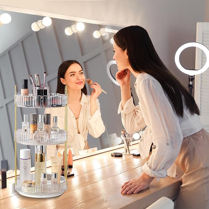 360° Rotating Makeup Organizer, Large-Capacity Skincare Make Up Storage 3 Tier Perfume Organizers Cosmetic Dresser Organizer with Makeup Brush Holder, Fits Bedroom, Bathroom, Vanity Shelf Countertop-Velvo Beauty