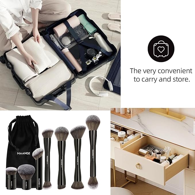 MAANGE 7pcs Makeup Brush Set Double Sided Kabuki Makeup Brushes Contour Brush for Foundation Liquid Powder Concealer Cream Cosmetics Bronzer Blending Blush Buffing Makeup Tools (Black)-Velvo Beauty