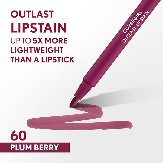 COVERGIRL Outlast, 60 Plum Berry, Lipstain, Smooth Application, Precise Pen-Like Tip, Transfer-Proof, Satin Stained Finish, Vegan Formula, 0.06oz-Velvo Beauty