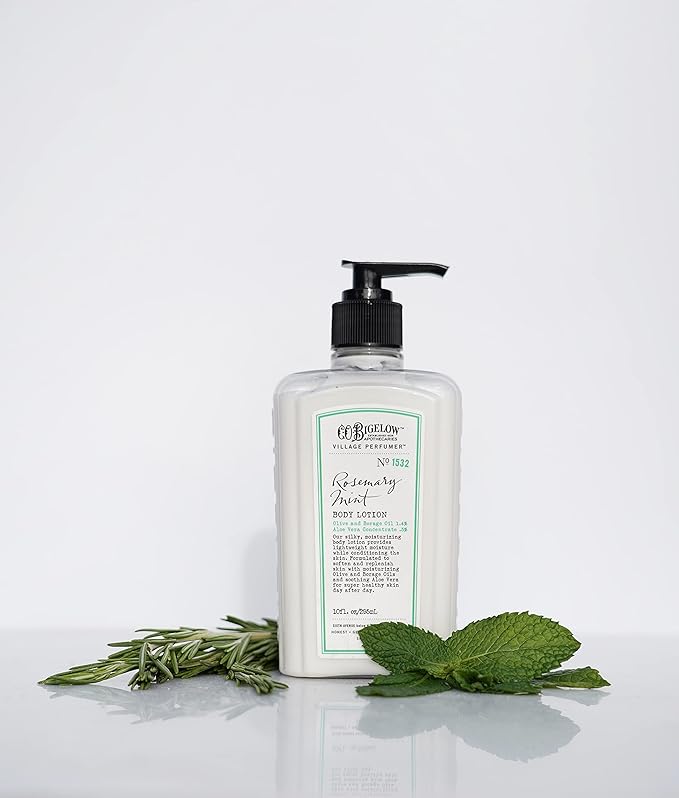 C.O. Bigelow Rosemary Mint Body Lotion, Village Perfumer Moisturizing Body Lotion with Aloe Vera, Borage Oil & Olive Oil, 10 Fl Oz-Velvo Beauty