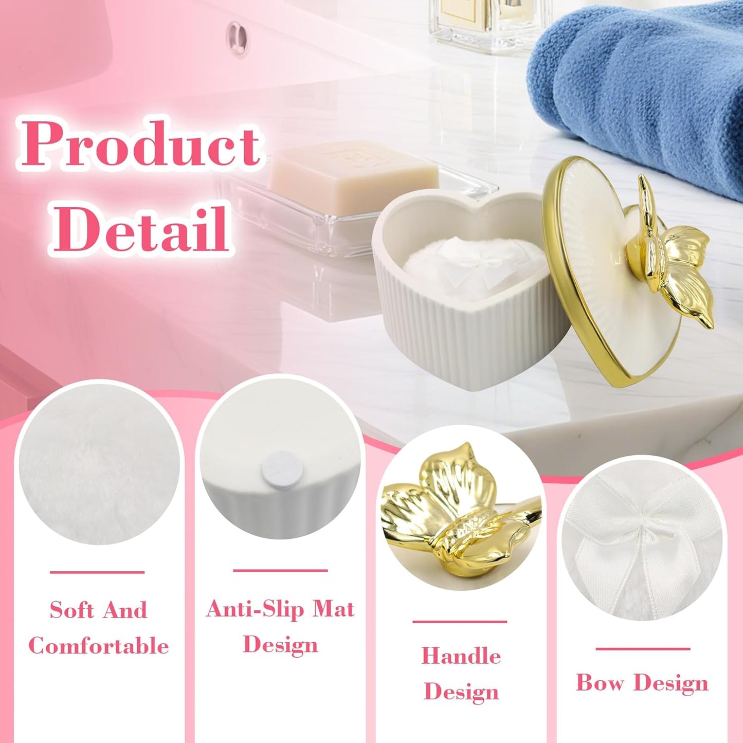 Large Body Powder Puff and Container, Ceramics Dusting Powder Container with 2 PCS Washable Heart Shaped Body Puff, Butterfly Dusting Case for Wet and Dry Makeup (White)-Velvo Beauty