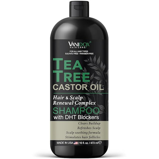 Tea Tree Oil Shampoo with Castor Oil, DHT Blockers, Itchy Scalp Relief, Supports Fuller Hair, Cleanses Dandruff & Buildup, For Men & Women, Made in USA, 16 fl oz-Velvo Beauty