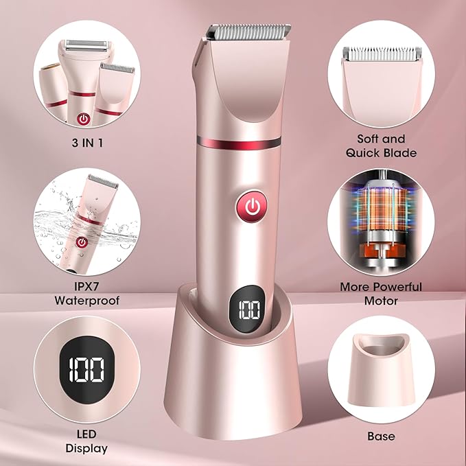 Bikini Trimmer for Women- 3 in 1 Painless Electric Razors for Women,Waterproof Pubic Hair Trimmer and Facial Hair Remover,LCD Display Body Shaver for Trip,Rechargeable Women's Grooming Kit-Velvo Beauty