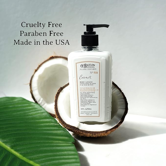 C.O. Bigelow Coconut Body Lotion, Village Perfumer Moisturizing Body Lotion with Aloe Vera, Borage Oil & Olive Oil, 10 Fl Oz-Velvo Beauty