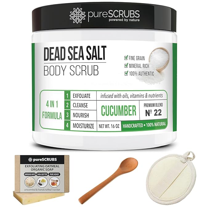 pureSCRUBS Premium Cucumber Body Scrub Set - Large 16oz Dead Sea Salt Body Scrub for Women Exfoliation KP Bump Eraser Body Scrub Includes Wooden Spoon, Loofah & Soap-Velvo Beauty