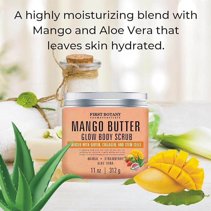 Mango Butter Body Scrub Exfoliator Biotin, Collagen, Stem Cells - Natural Exfoliating Salt Scrub & Body and Face Souffle helps with Moisturizing Skin, Acne, Cellulite, Dead Skin Scars, Wrinkles- 11 oz-Velvo Beauty