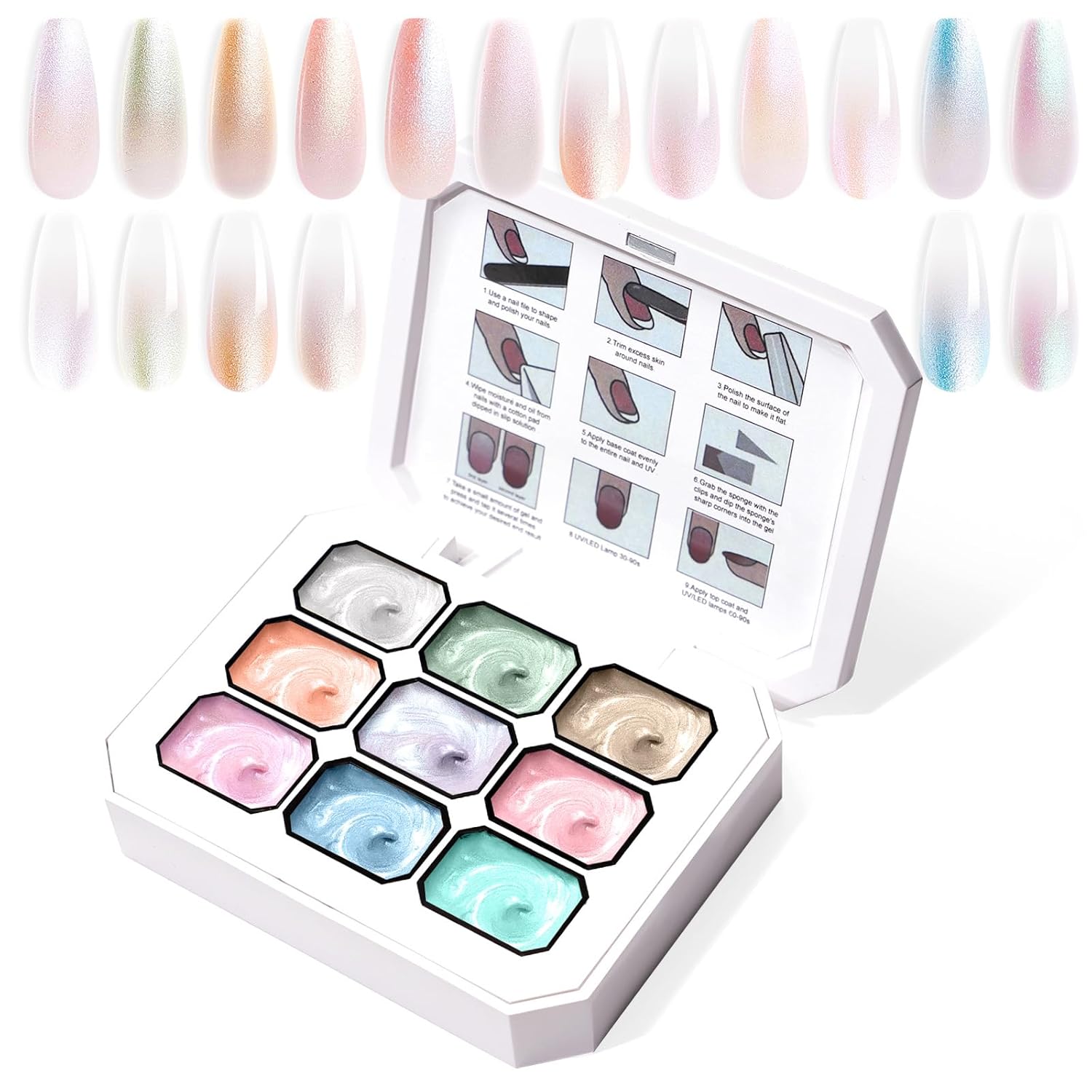 Gradient Painting Gel, 9 Colors Pearlescent Ombre Gel Nail Polish for Pigment Pat Aura Nails French Manicure Long-lasting No-wipe Soak Off UV Treasure of Pearl-Velvo Beauty