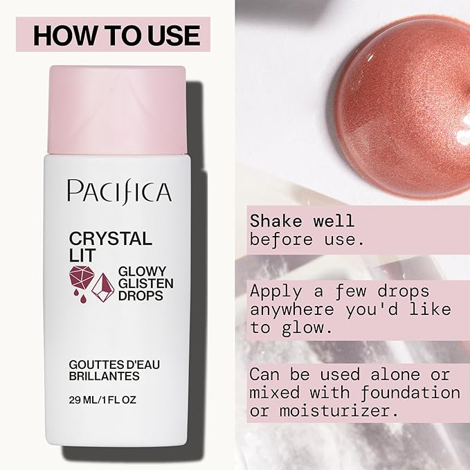Pacifica Crystal Lit Glowy Glisten Drops – Face Makeup - Shimmery Multi-Use Liquid Blush/Highlighter for Radiant, Dewy Cheeks Luminous Glow Clean Beauty Vegan & Cruelty-Free Dermatologist Tested-Velvo Beauty