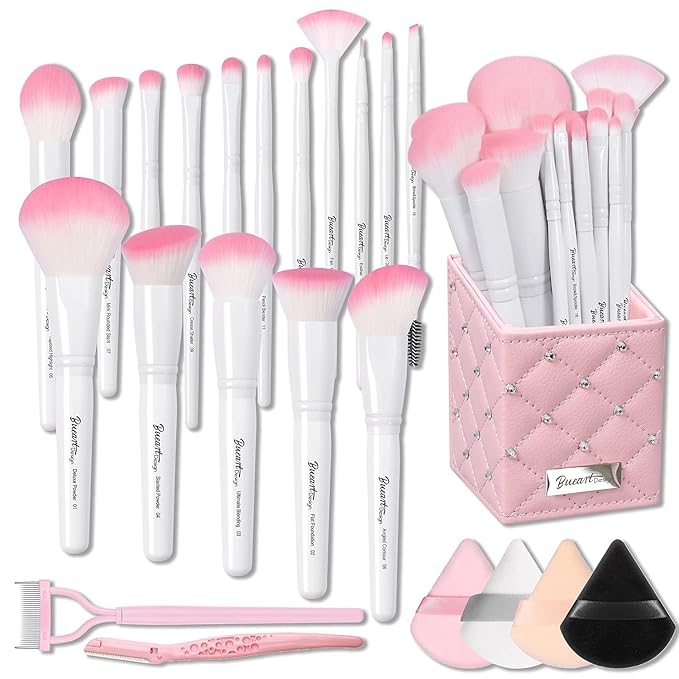 Bueart Design 16Pcs ULTRA SOFT labeled Makeup Brushes set with brush Holder face brush for Foundation Powder Blending Blush wooden Handle(16Pcs White+Pink Holder)-Velvo Beauty