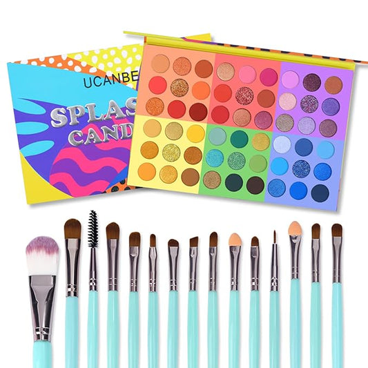 UCANBE 54 Colors Splashy Candies Eyeshadow Palette + 15pcs Makeup Brush Set, Highly Pigment Matte Metallic Shimmer Glitter Eye Shadow Bright Color Long Lasting Waterproof Easy Blending Make Up Pallet-Velvo Beauty