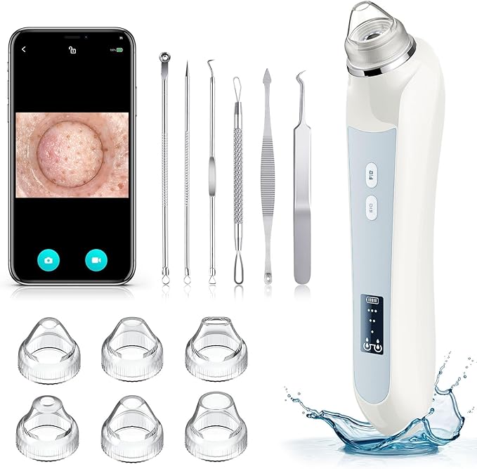 Facial Pore Blackhead Remover Vacuum, 1080P Camera Blackhead Remover, 20x Zoom, 8 LEDs & 3 Suction Modes, 800mAh Battery & USB - 6 Heads Pore Cleaner Kit for Women&Men(White)-Velvo Beauty