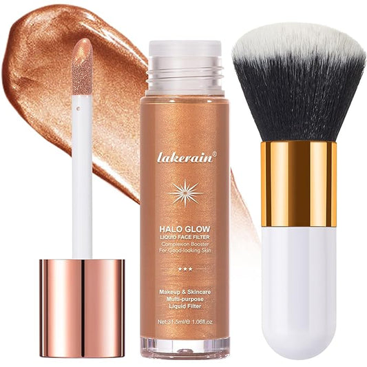 Natural Glow Liquid Filter Makeup, Longwear Face Luminizer, Complexion Booster For Any Part of the Body, Liquid Highlighter with Brush Kit, Infused Hyaluronic Acid, 1.06 fl oz (#05 MEDIUM/TAN)-Velvo Beauty