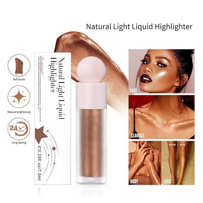 Liquid Highlighter Natural Glow For Face & Body, Waterproof Moisturizing Light Liquid Luminizer For Long Lasting Shimmer, Contour Highlighter Stick Easy to Apply with Cushion Applicator (#4 Candlelight)-Velvo Beauty