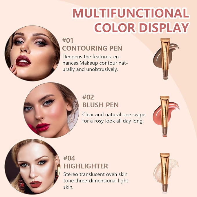 Liquid Contour Beauty Wand Set,Blush Liquid Contour Stick Highlighter Makeup With Cushion Applicator,Long Lasting Smooth Natural Matte Finish,Lightweight Blendable Super Silky Cream Sticks (01#02#04)-Velvo Beauty