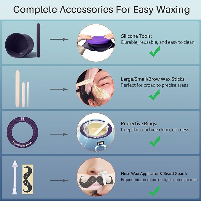 BLITZWAX Back and Nose Waxing Kit for Men, Hard Wax Warmer for Brazilian, Body and Face, At Home Hair Removal Kit, Beginner Friendly, Quick Heating, 93 Accessories, Blue Waves-Velvo Beauty