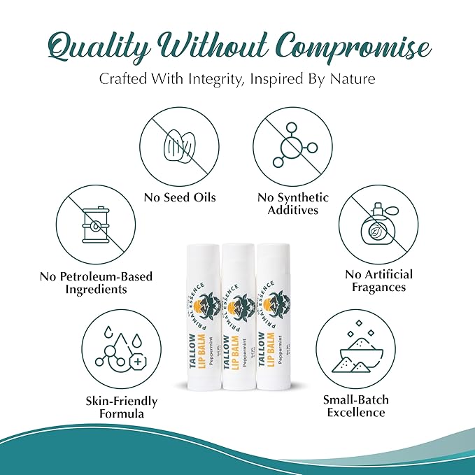 Moisturizing Tallow Lip Balm – Grass-Fed Beef Tallow with Organic Coconut Oil, Beeswax, and Vitamin E – Peppermint – Lip Balm Set – Travel Essential – 3-Pack-Velvo Beauty