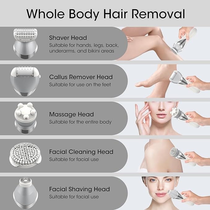 Epilator for Women, 7 in 1 Epilator Hair Removal for Women, Shaver, Bikini, Face Razor, Facial Brush, Face Massage and Body Exfoliator, IPX6 Waterproof Painless Lady Shaver Wet & Dry (White)-Velvo Beauty