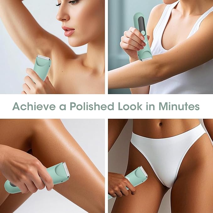 Lanumi Bikini Trimmer Women Rechargeable Body Hair Trimmer Electric Shaver Pubic Hair Grooming Kit with Charging Dock IPX7 Waterproof Wet/Dry Use (Green)-Velvo Beauty