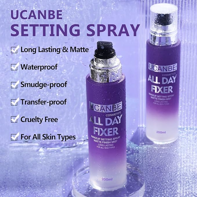 Long Lasting Makeup Setting Spray Kit- 6.76 Fl oz Hydrating Matte Finish Mist Lightweight Face Make up Fixer +Travel Size Spray Bottle+Sponge Puff Makeup Set-Velvo Beauty