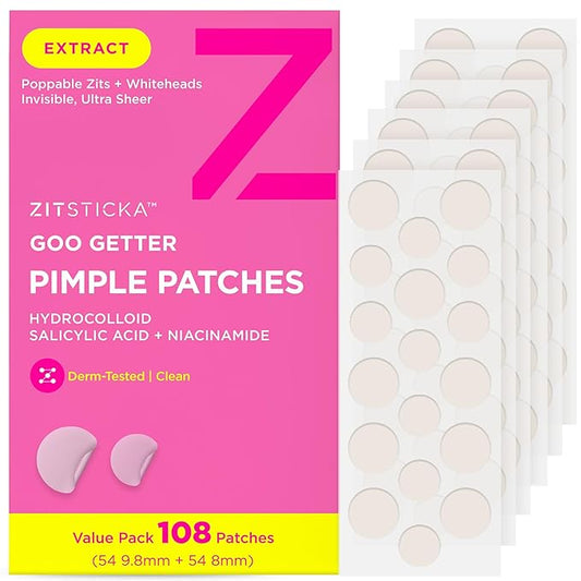 ZitSticka Pimple Patches for Face and Body, Goo Getter Hydrocolloid Patches to Cover Zits & Blemishes, Acne Patches or Zit Spot Stickers, Body Blemish Patch (108 Pack)-Velvo Beauty