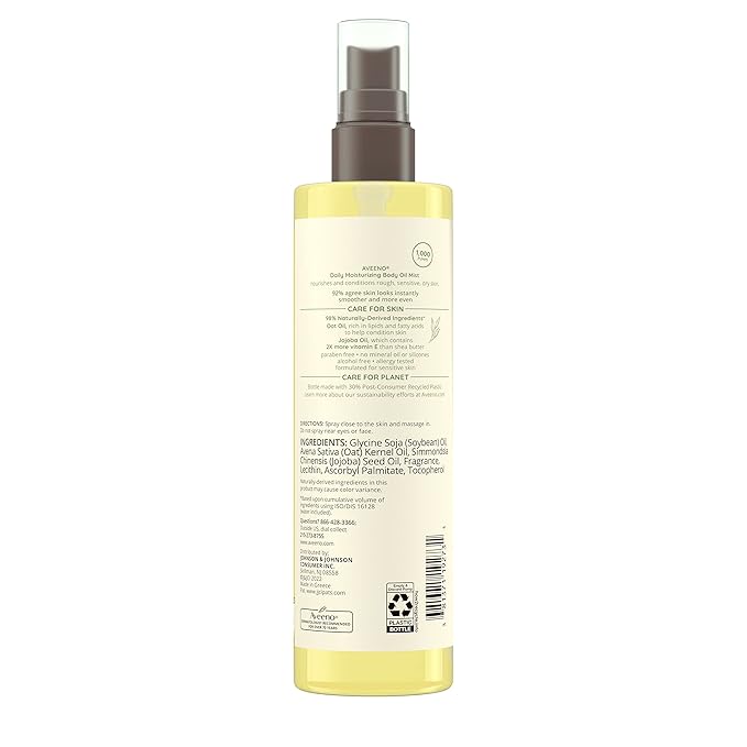 Aveeno Daily Moisturizing Body Oil, Body Mist for Dry Skin with Oat Oil and Jojoba Oil, Nourishing Body Spray with a Hypoallergenic Formula, 6.7 FL OZ-Velvo Beauty