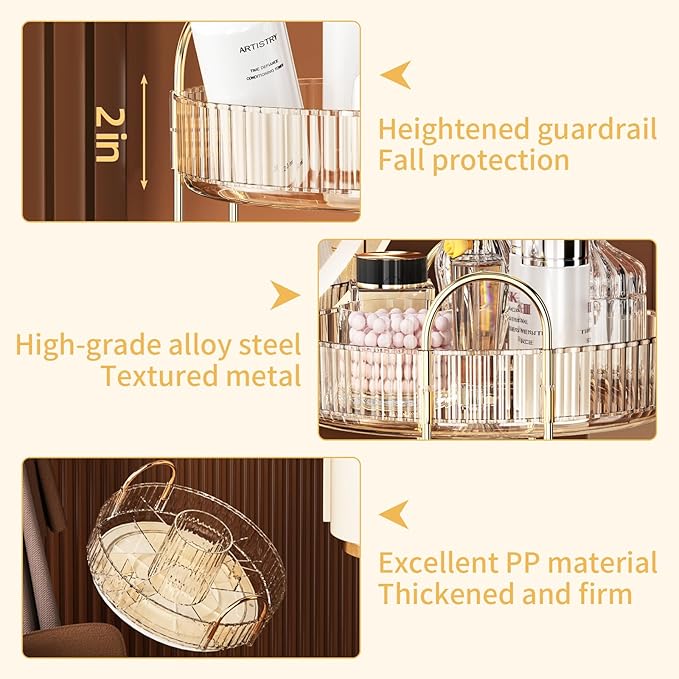 360° Rotating Makeup Organizer, Large-Capacity Skincare Make Up Storage 3 Tier Perfume Organizers Cosmetic Dresser Organizer with Makeup Brush Holder, Fits Bedroom, Bathroom, Vanity Shelf Countertop-Velvo Beauty