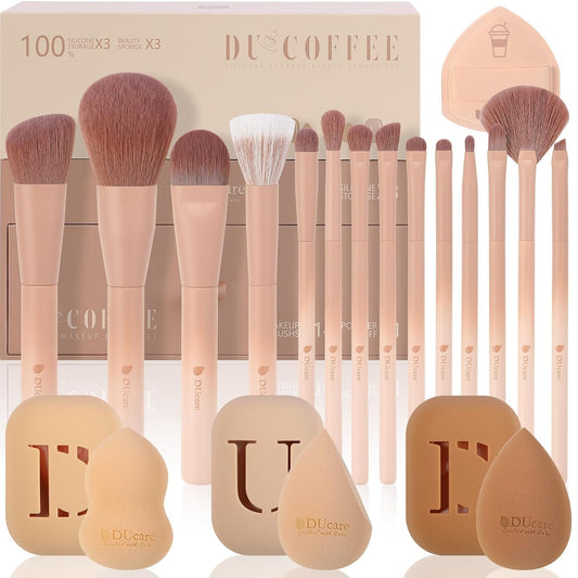 DUcare Makeup Brushes Set 14Pcs Coffee Series Makeup Brush set with Makeup Sponges Gifts Foundation Blending Face Powder Blush Eye Shadows Brushes-Velvo Beauty