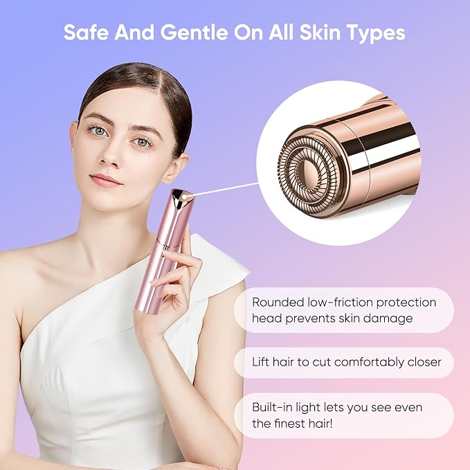 Facial Hair Removal for Women- as Seen on TV Painless Face Shaver -Painless Womens Facial Hair Remover with 2 Replacement Heads, Lipstick-Sized, USB Rechargeable(Rose Gold)-Velvo Beauty