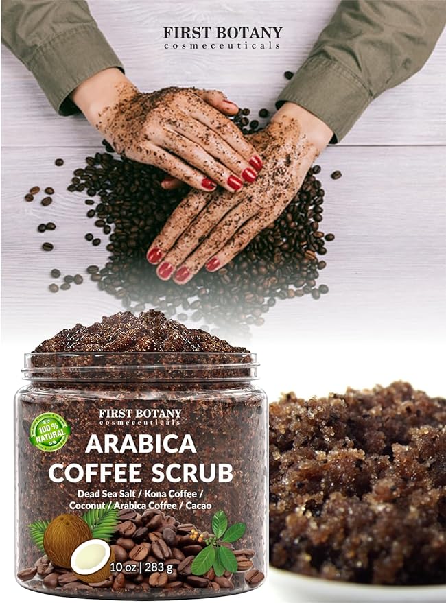 First Botany Cosmeceuticals, 100% Natural Arabica Coffee Scrub with Organic Coffee Coconut & Shea Butter Acne Anti Cellulite & Stretch Mark treatment Spider Vein Therapy, Varicose Veins Eczema, 10 oz-Velvo Beauty