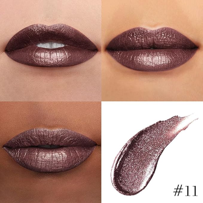 evpct Dark Brown Metallic Glitter Lip Liner and Lipstick Combo Lip Gloss Stain Set Makeup for Women Long Lasting Waterproof 24, Chocolate Metallic Shimmer Frosted Iridescent Shiny Liquid Lipstick 11-Velvo Beauty