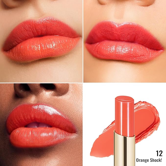 Oulac Moisturizing Shine Orange Red Lipstick for Women - 2 in 1 Orange Red Glossy Tinted Lip Balm, Hydrating Winter Lipstick for Dry Lips,Shine Juicy Finish Vegan 2.2g/0.07oz (12)-Velvo Beauty