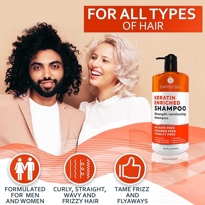 Keratin Enriched Shampoo - Sulfate and Paraben Free - Anti Frizz Treatment for Women and Men – Professional Salon Grade Repair Formula with Silk Protein for Dry, Frizzy Damaged and Color Treated Hair-Velvo Beauty