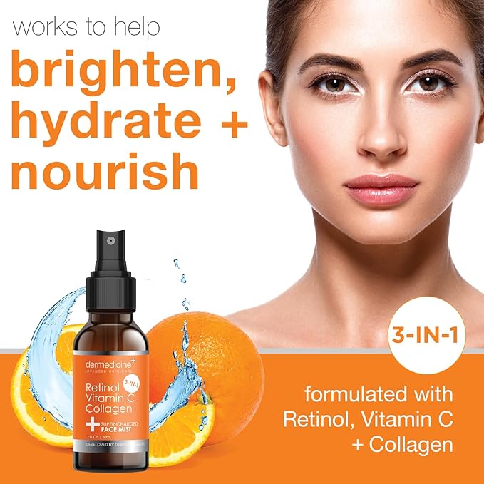 3 in 1 Super-Charged Anti-Aging Face Mist w/Retinol, Vitamin C + Collagen | Hydrates, Refreshes & Brightens for a More Glowing Complexion | 2 fl oz, 60 ml-Velvo Beauty